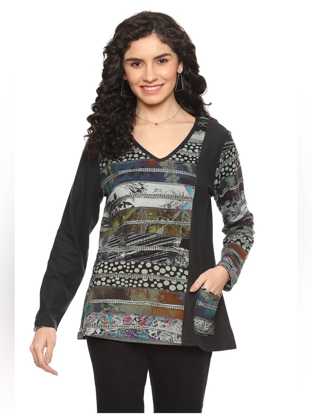Parsley & Sage Black Mixed Graphic Patchwork Art to Wear Women Long Sleeve Sz XL